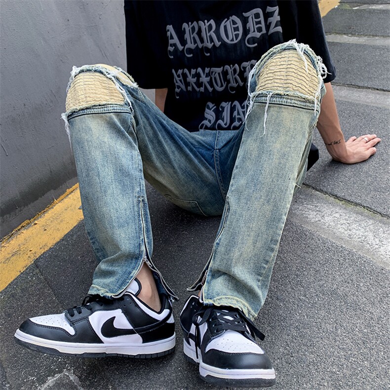 高街风复古洗水破开叉直筒牛仔裤男嘻哈潮长裤N0884-P55,男装牛仔裤,星座308B-1