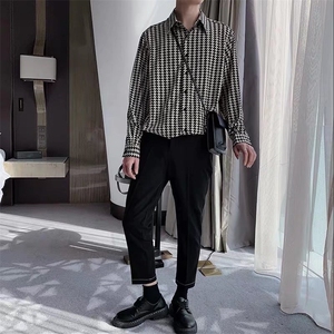 C167-P28高级感长袖衬衫男潮牌痞帅千鸟格上衣服