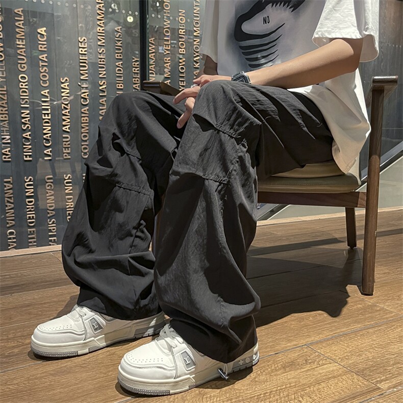 夏季新款户外露营工装裤男款宽松薄款褶皱速干冰丝直筒休闲裤,男装休闲裤,星座410-7