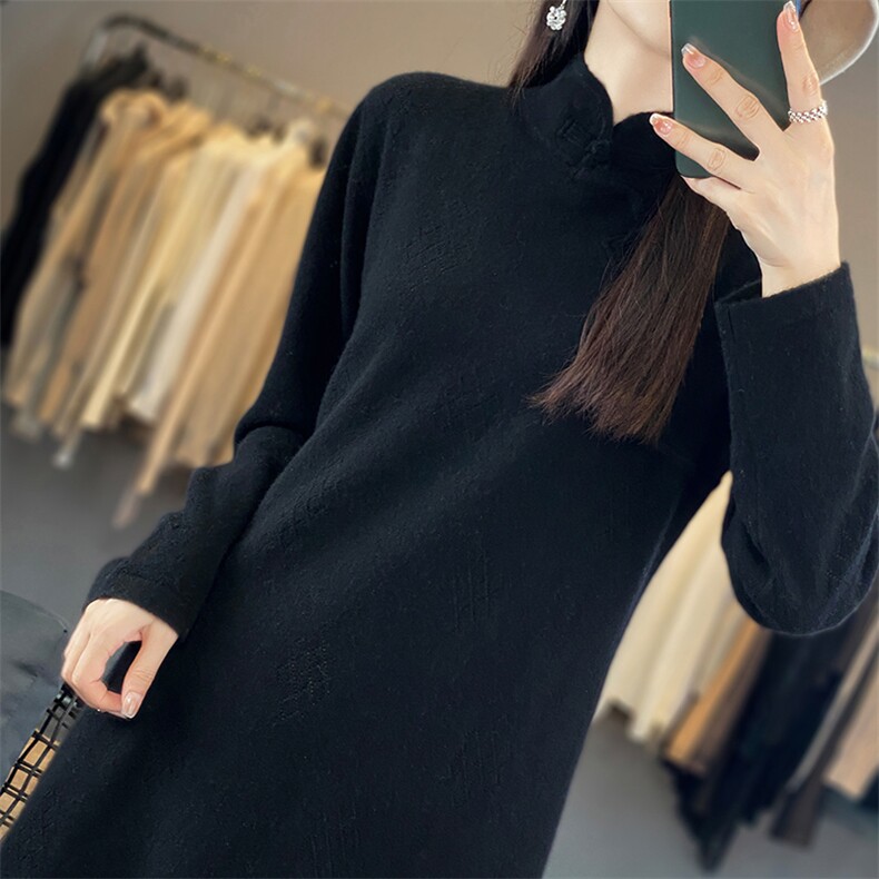2024秋款优雅中长款旗袍宽松显瘦舒适针织连衣裙,女装汉服/婚纱/旗袍/礼服,恩尚羊绒