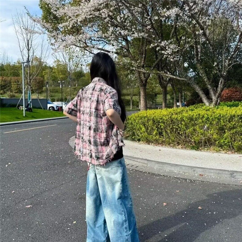 港风复古格子短袖衬衫男女同款宽松痞帅衬衣-网图,男装T恤,星座410-7