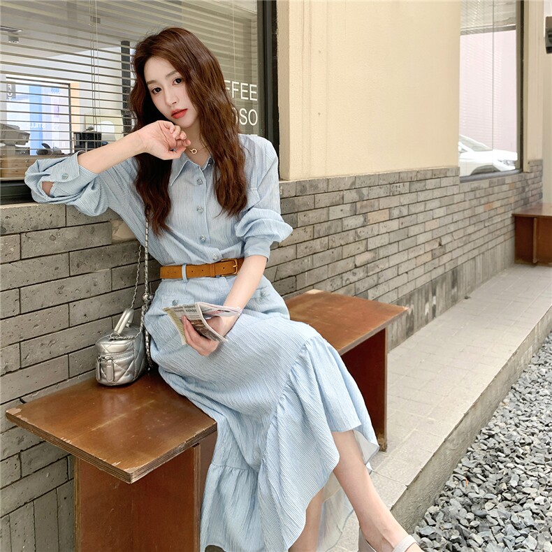 大货已出蓝条纹鱼尾连衣裙送腰带5960-P155K228,女装连衣裙,2C332