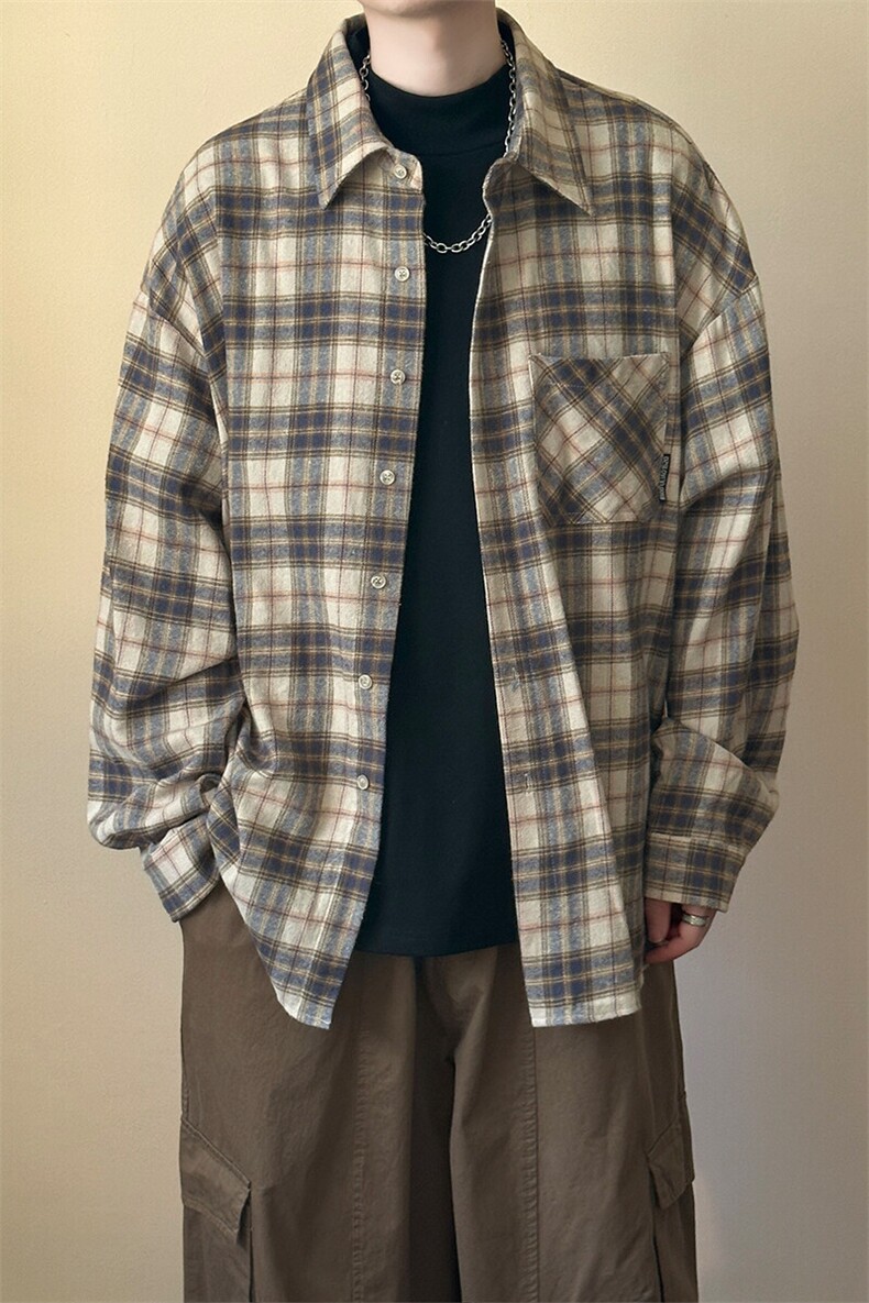 2025春宽松休闲格子长袖衬衣潮牌中性衬衫AC2308601-特批P50控89,男装衬衫,电商A351