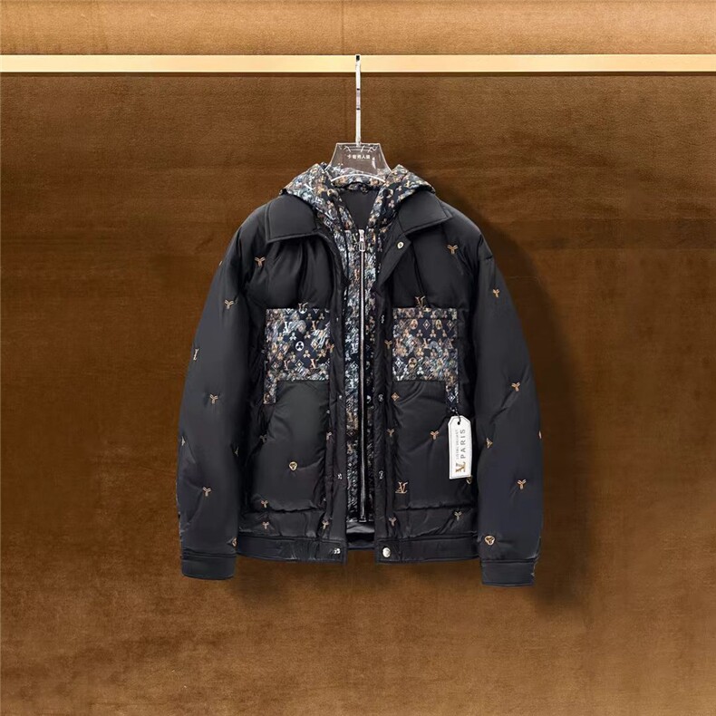 (网图)时尚百搭简约连帽老花羽绒服厚款拼料羽绒服313B-AL01-P195,男装羽绒服,星座313B