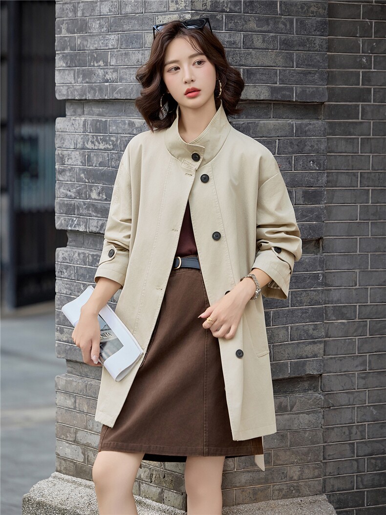 简约百搭可翻可立领风衣外套女春秋季新款宽松显瘦百搭气质大衣,女装风衣,微微衣阁