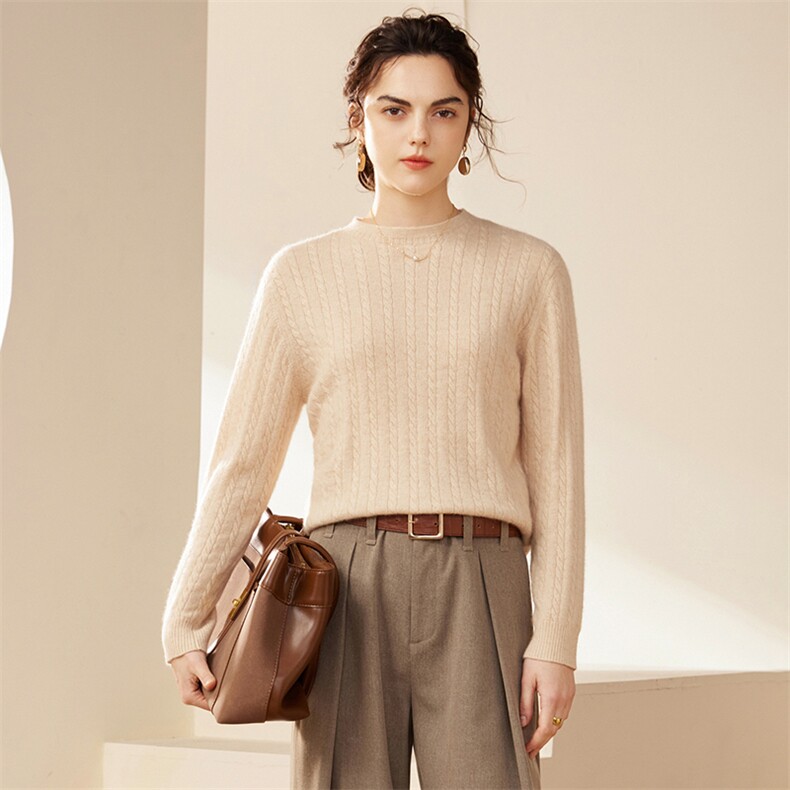 2025秋冬新款羊绒衫女100%纯山羊绒圆领纯色时尚居家修身针织套衫，女装羊绒衫，品秋羊绒