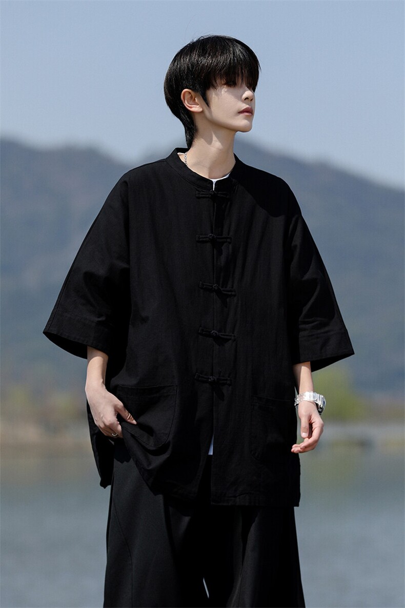 8XL-M新中式衬衫男中山装麻棉风复古中袖衬衣唐装CS527P60,男装衬衫,电商D206-1