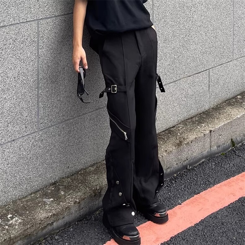 BIG Wisdom黑色西裤男小众设计感解构拉链绑带高级美式直筒长裤潮图片