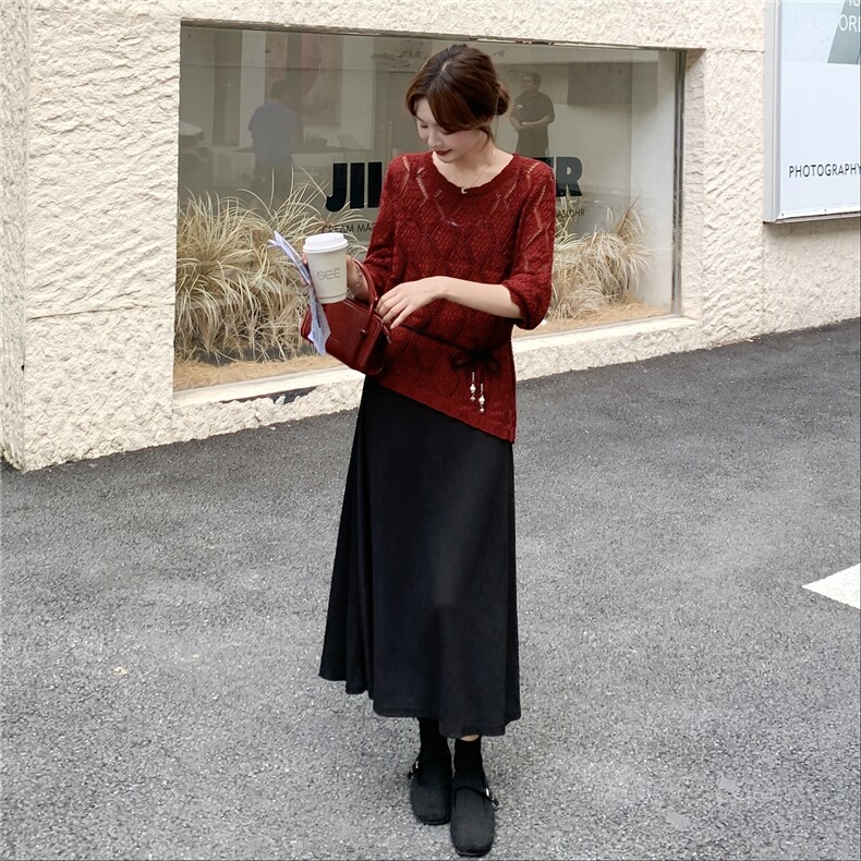 设计感小众气质女轻奢套装红色镂空长袖针织衫吊带裙两件套春秋装,女装连衣裙,2C166