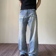 美式复古水洗冰蓝直筒宽松牛仔裤男阔腿百搭休闲长裤NZK2027，男装牛仔裤，星座516A