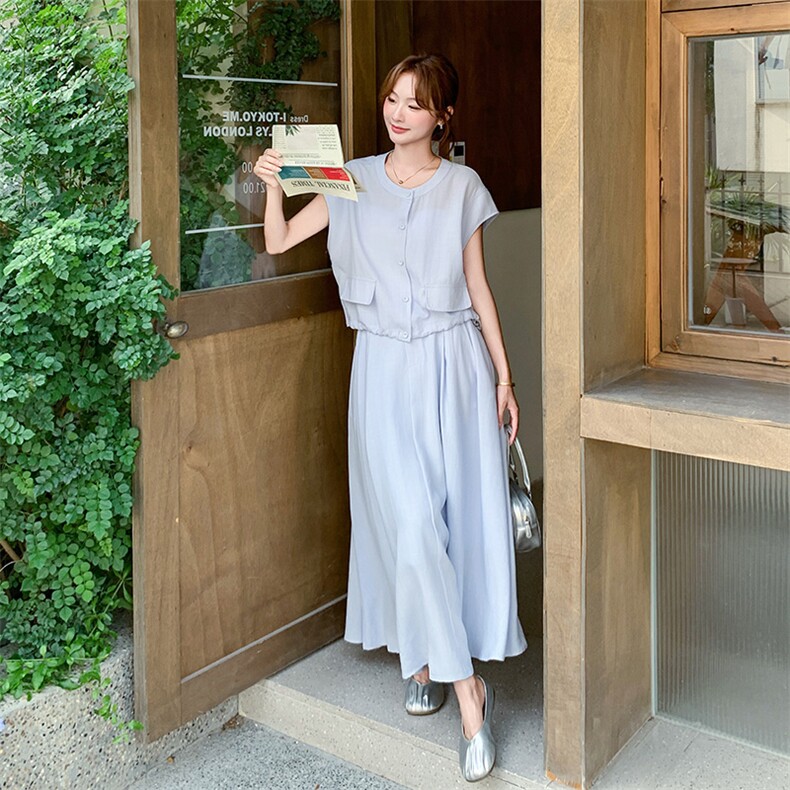 韩版气质浅蓝色马甲半身裙套装女2025夏季新款显瘦百搭减龄两件套,女装套装/套裙,2C159