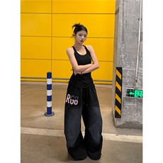 水洗做旧黄色美式hiphop卫裤女宽松阔腿休闲运动裤子，男装休闲裤，星座410-7