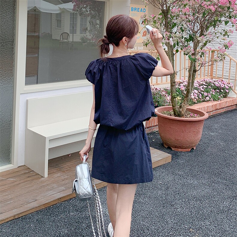 藏青色时尚一整套穿搭泡泡袖上衣套装裙女2025夏新款半身裙两件套,女装套装/套裙,浙宝220