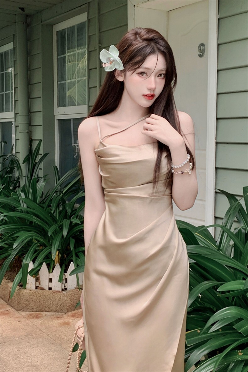 小心机收腰褶皱缎面开叉吊带连衣裙夏2C276-L2470-P125-K165,女装连衣裙,2C276