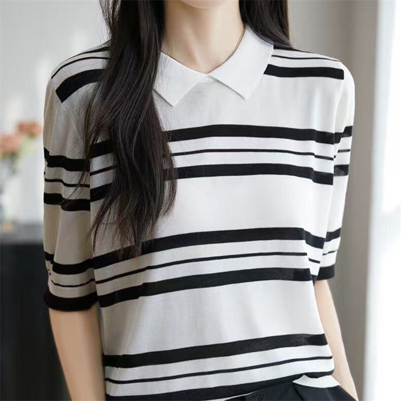 夏款莱赛尔天丝娃娃领条纹短袖女半袖T恤Polo翻领针织衫上衣,女装T恤,萱芳婷羊绒