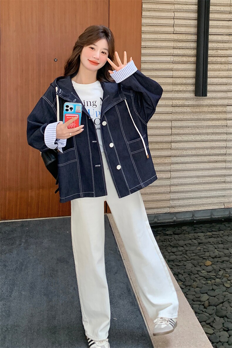 条纹拼接风衣式连帽牛仔外套女春秋2025新款超火流行超好看小个子,女装风衣,浙宝285（原212）
