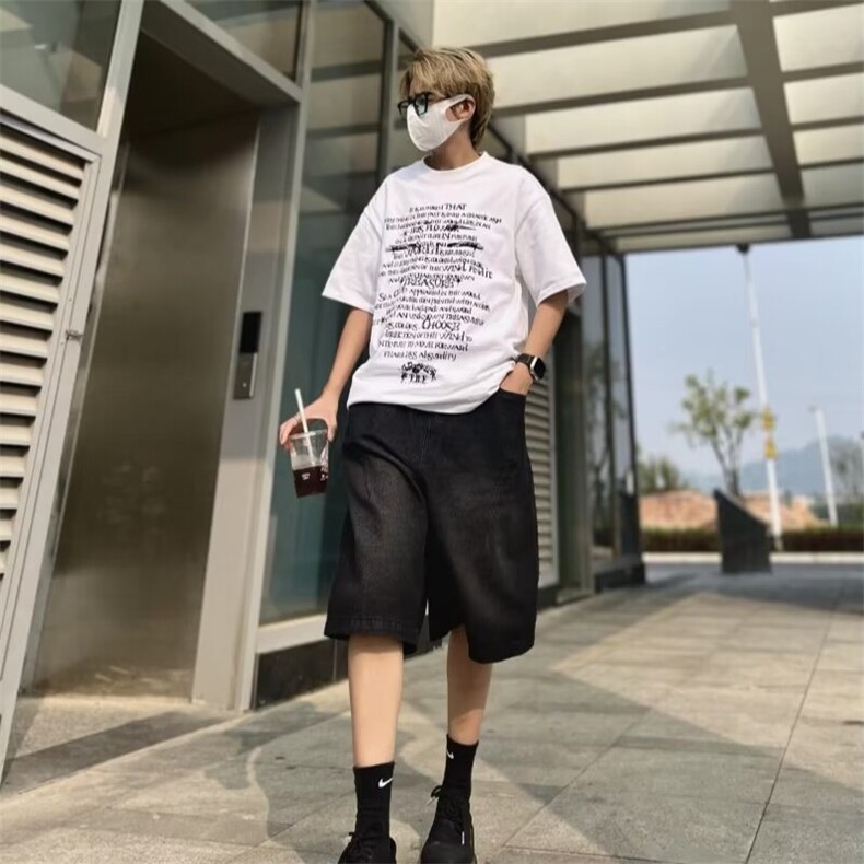 美式复古水洗高街牛仔短裤男女夏季阔腿休闲百搭七分裤D2255-p45图片