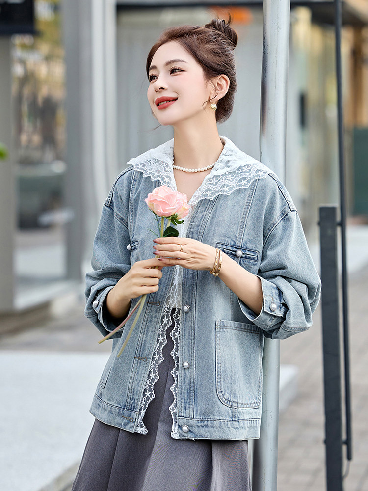 蕾丝拼接连帽牛仔外套女2025早春新款韩版设计感宽松百搭爆款上衣,女装短外套,韩然一族