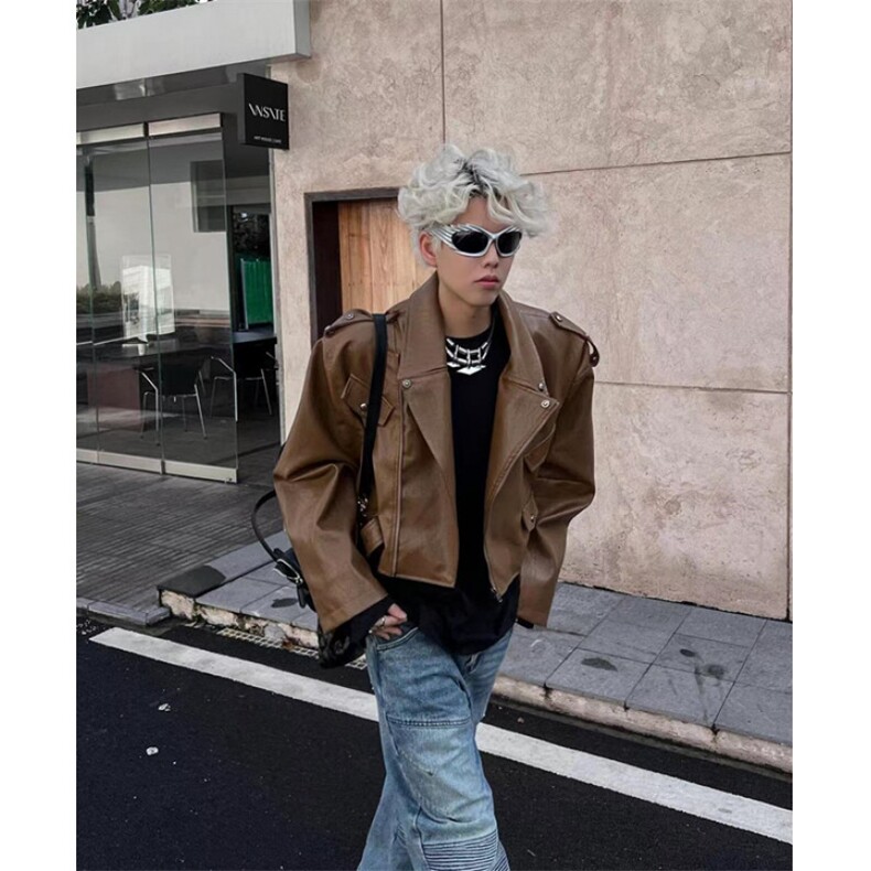 美式咖色铆钉皮衣外套男款潮炸街设计痞帅短款机车服夹克PA144,男装夹克,星座1116A（原606A-3）