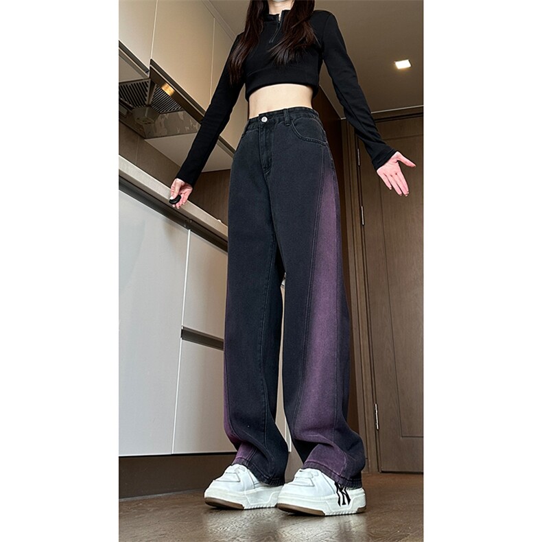 现货黑紫色拼接宽松阔腿直筒撞色休闲牛仔裤男女K5820-P50控78，男装牛仔裤，星座205