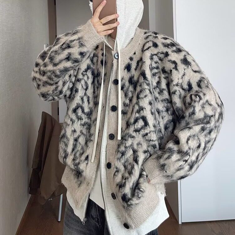 YI0919-P55豹纹开衫圆领毛衣男女冬宽松ing潮无领针织衫纽扣外套,男装针织衫/毛衣,电商C233