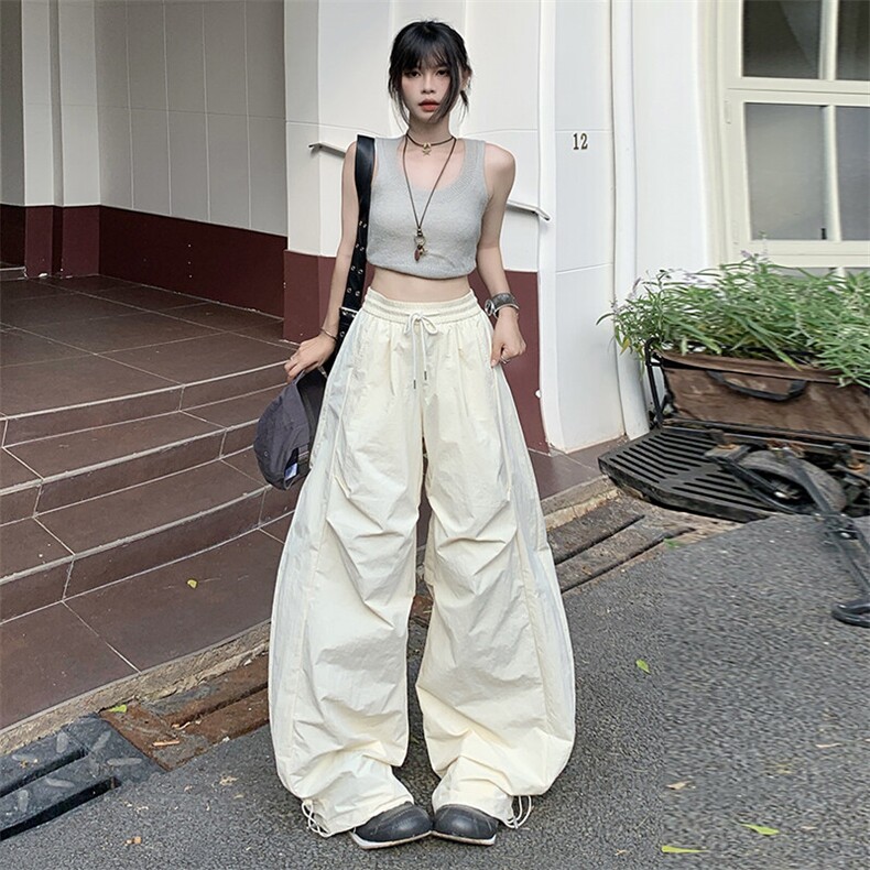 白色速干弯刀阔腿裤女夏季轻薄美式hiphop裤子宽松高腰显瘦伞兵裤,男装工装外套,星座509