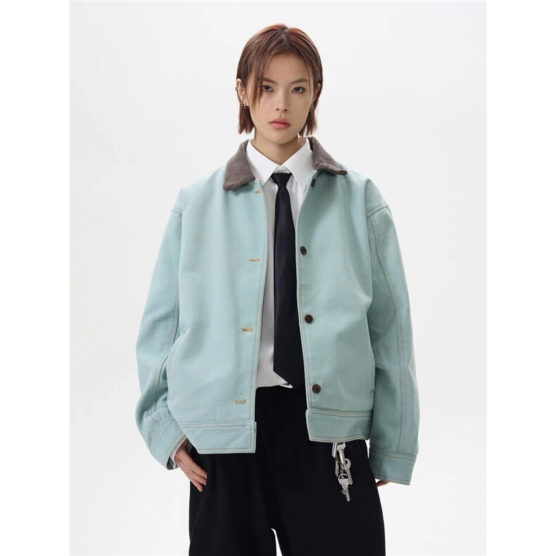 春秋季新款复古工装水洗帆布夹克男女翻领撞色高街设计感牛仔外套，男装工装外套，星座1210-1