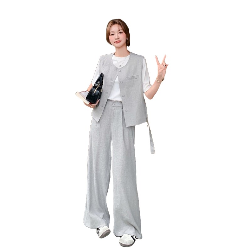 休闲气质浅灰色马甲阔腿裤套装女2025夏季新款又酷又飒显瘦两件套,女装套装/套裙,浙宝069