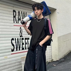 抖音得物品质二开240克宽松纯棉美式潮牌印花三条杠中性风短袖T恤，男装T恤，电商A486-1