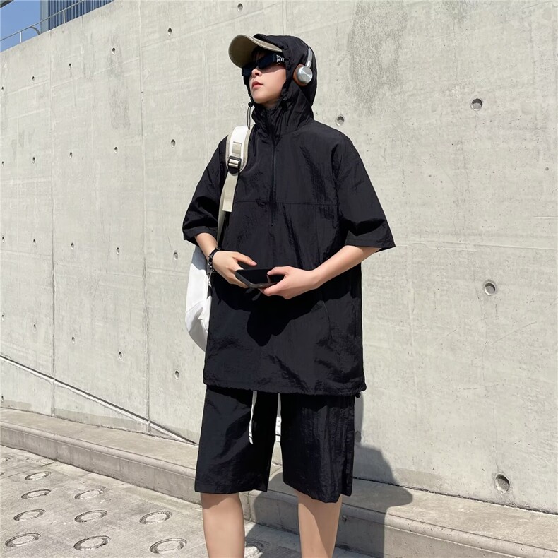 风套装工装款短袖男短裤休闲宽松外套衬衣薄款连帽 TW64图片