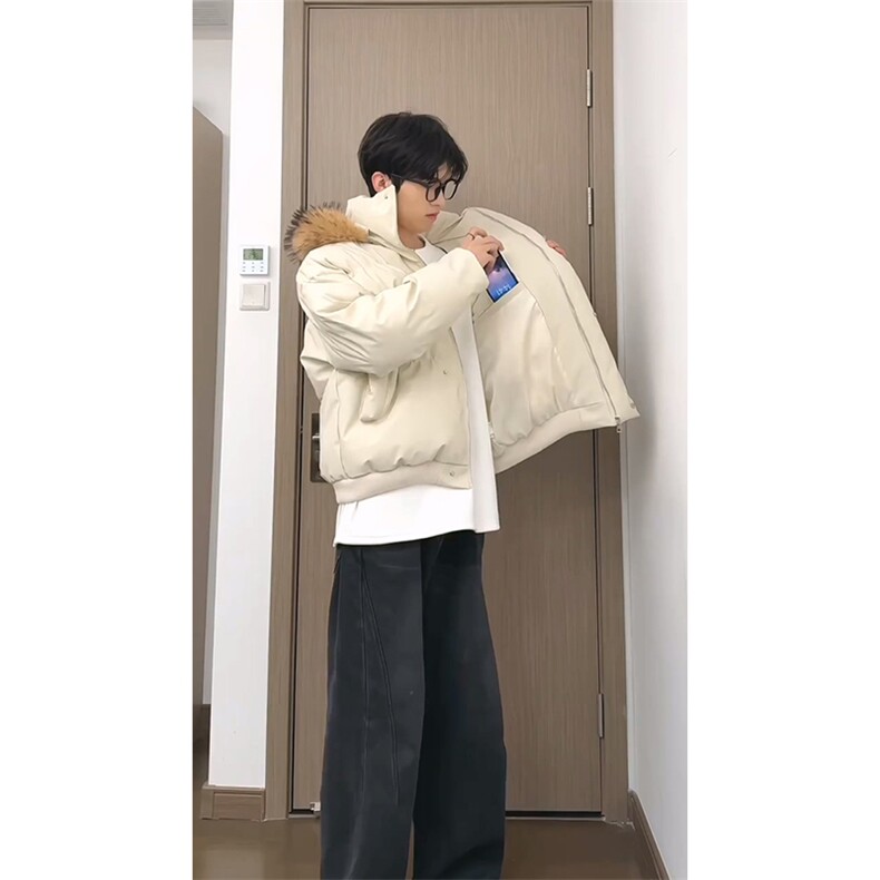 现货三防重磅硬挺boxy短款羽绒棉衣座山雕大毛毛领PU皮棉服外套冬,男装棉衣,电商A443