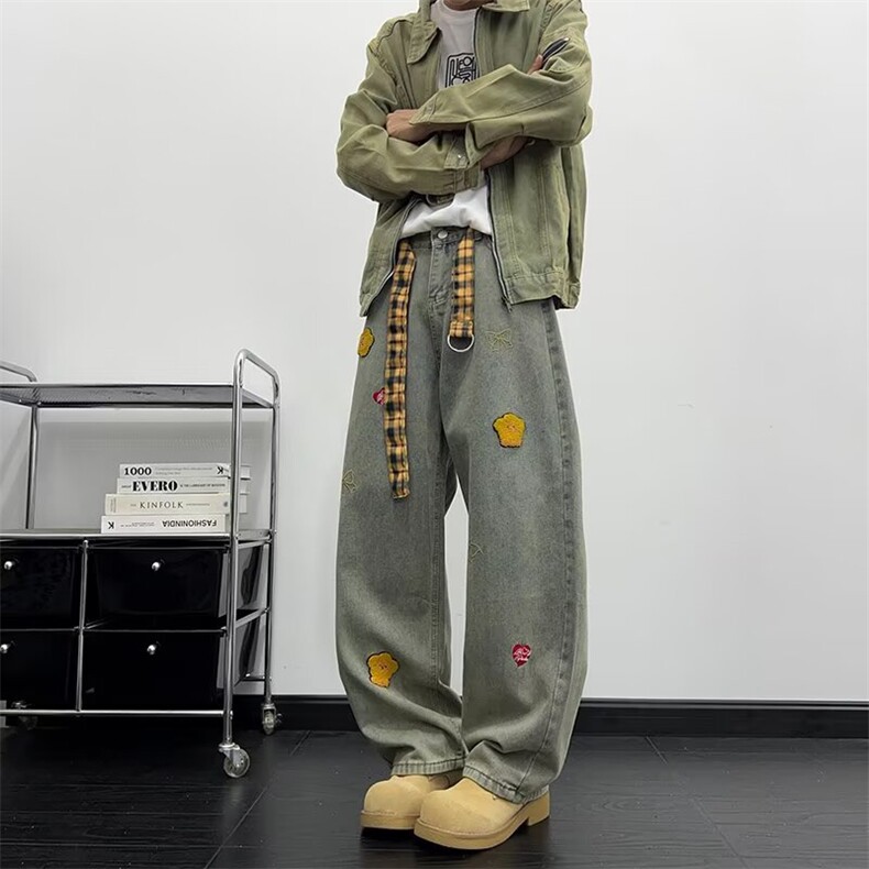 刺绣设计感卡通牛仔裤男2025夏季情侣款宽松直筒休闲裤女,男装牛仔裤,星座1210-1
