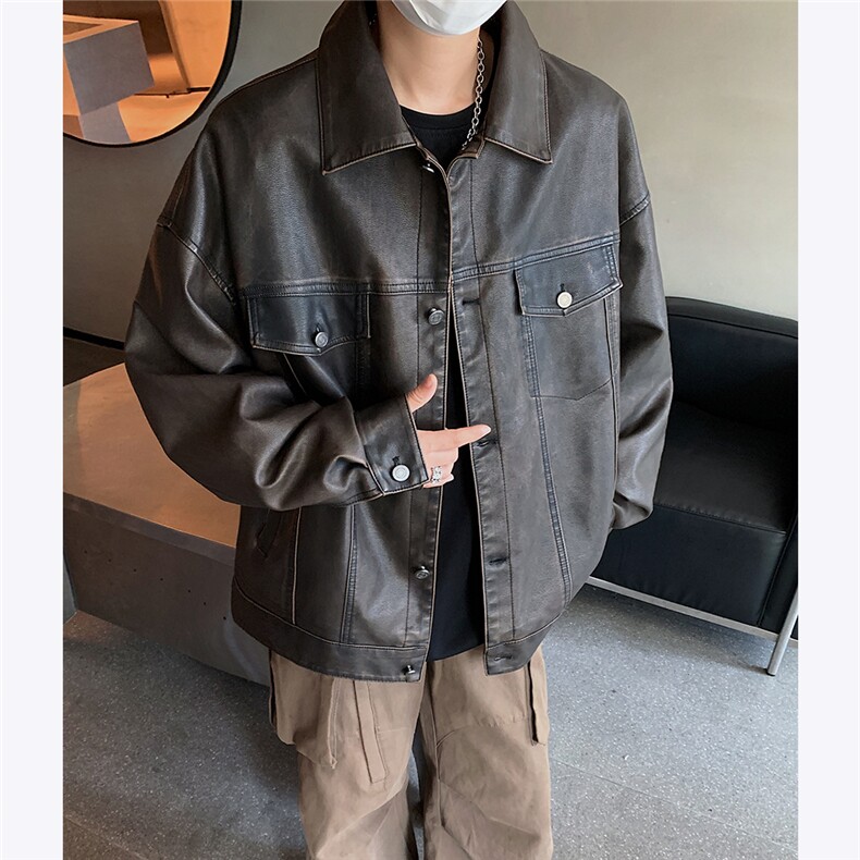 主推重磅水洗做旧美式复古皮衣外套男秋季潮流小众设计感夹克P155,男装夹克,电商C306-1