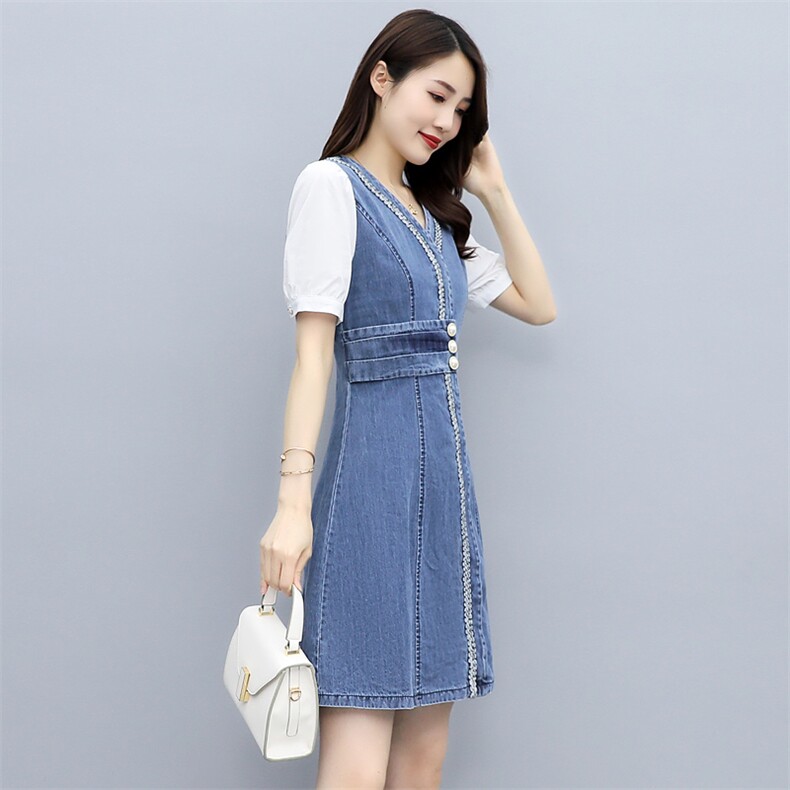 2021新款夏韩版衬衫袖拼接牛仔连衣裙短袖修身显瘦,女装连衣裙,瑶迪依秀