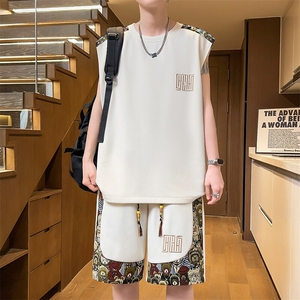夏季背心短裤两件套拼接套装男刺绣休闲运动套装A266-TZ2208-P46图片
