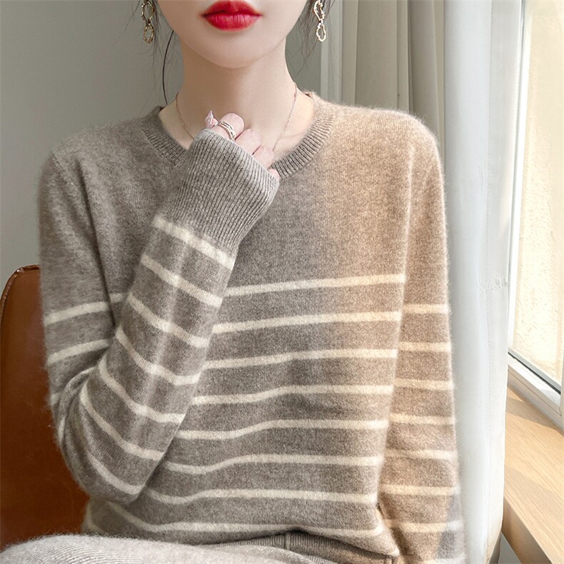 25秋冬100%纯羊毛衫女圆领撞色条纹针织衫毛衣宽松羊绒衫打底上衣，女装羊毛衫，郡淞羊绒