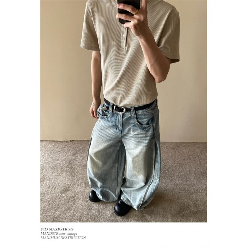 美式复古水洗折痕牛仔裤男女2025新款显瘦宽松垂感拖地阔腿裤子,男装牛仔裤,星座410-6（原星座1304-1）