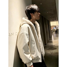美式连帽皮毛一体棉服男款冬季加绒加厚皮衣棉衣外套YM6047特批90，男装皮衣，四季星座505