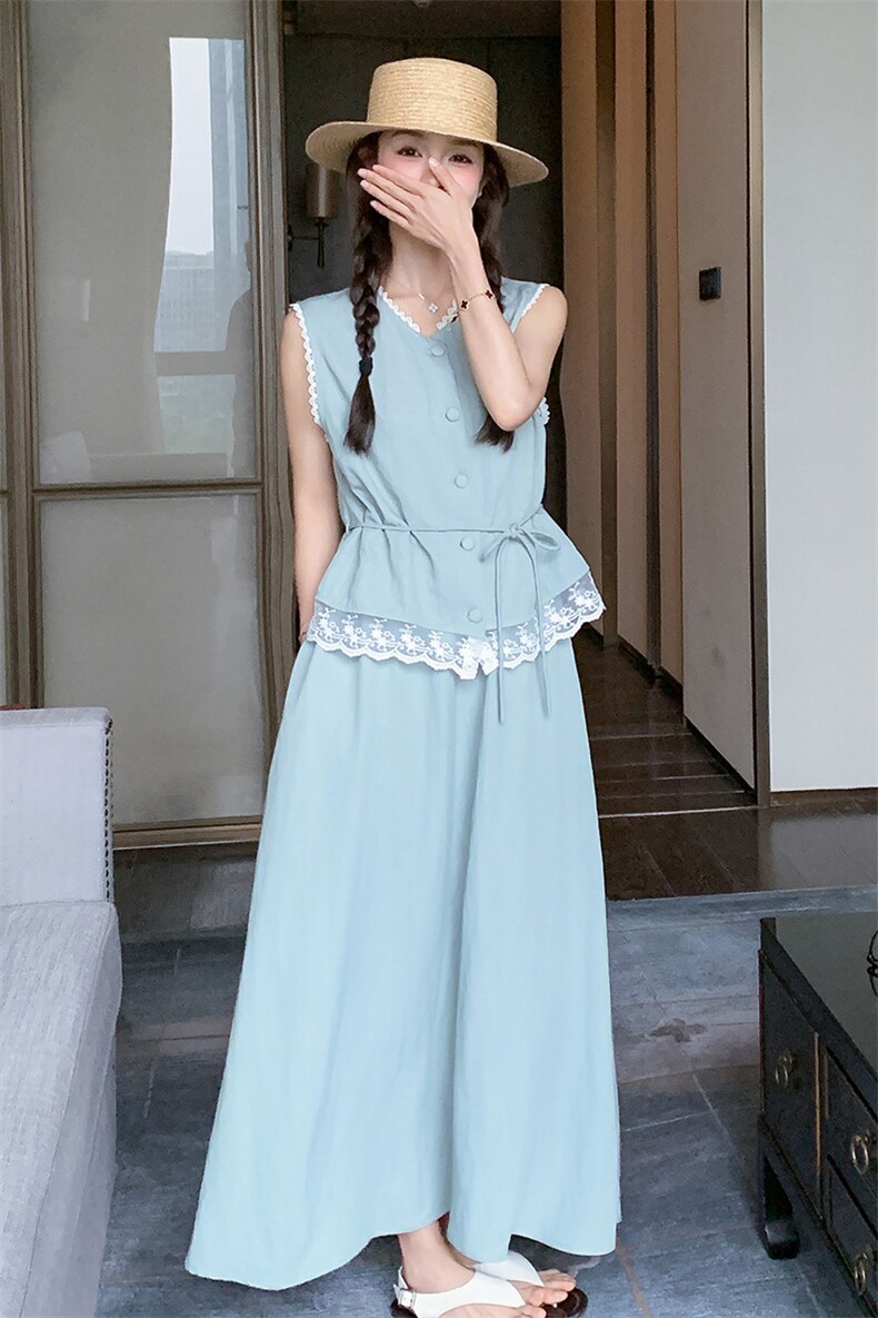 韩系宽松蕾丝拼接无袖背心牛仔套装裙女夏季新款显瘦半身裙两件套,女装套装/套裙,2C317A