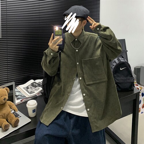 21秋装港风日系文艺男女情侣灯芯绒长袖衬衫外套衬衣中性 C45/P45图片