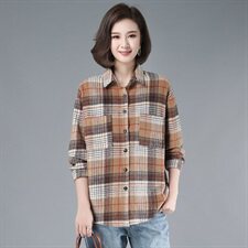 2021年春季格子衬衫排多扣POLO领长袖韩版宽松衬衣外套，女装衬衫，伊满意
