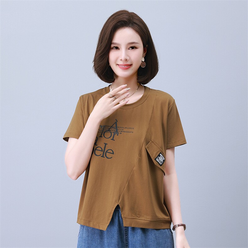 时尚宽松拼接印花短袖上衣舒适百搭显瘦T恤,女装衬衫,叶笙衣