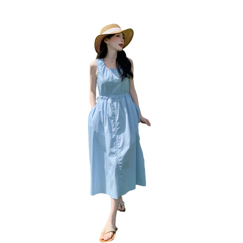 蓝色气质甜美小清新方领连衣裙女2025夏季新款盐系轻熟风显瘦长裙,女装连衣裙,浙宝220