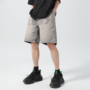 美式高街黄泥水洗做旧牛仔短裤男夏季宽松直筒五分阔腿裤AN57-P40图片