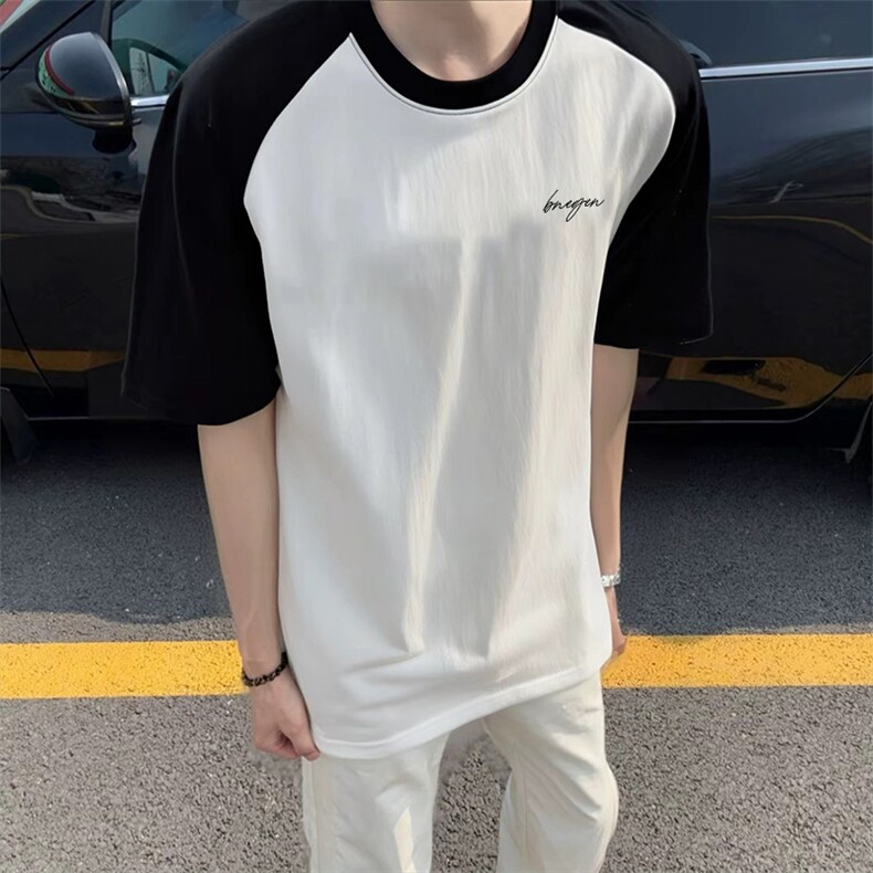 抖音得物高品质二开240克宽松纯棉美式潮牌插肩袖拼接短袖T恤，男装T恤，电商A486