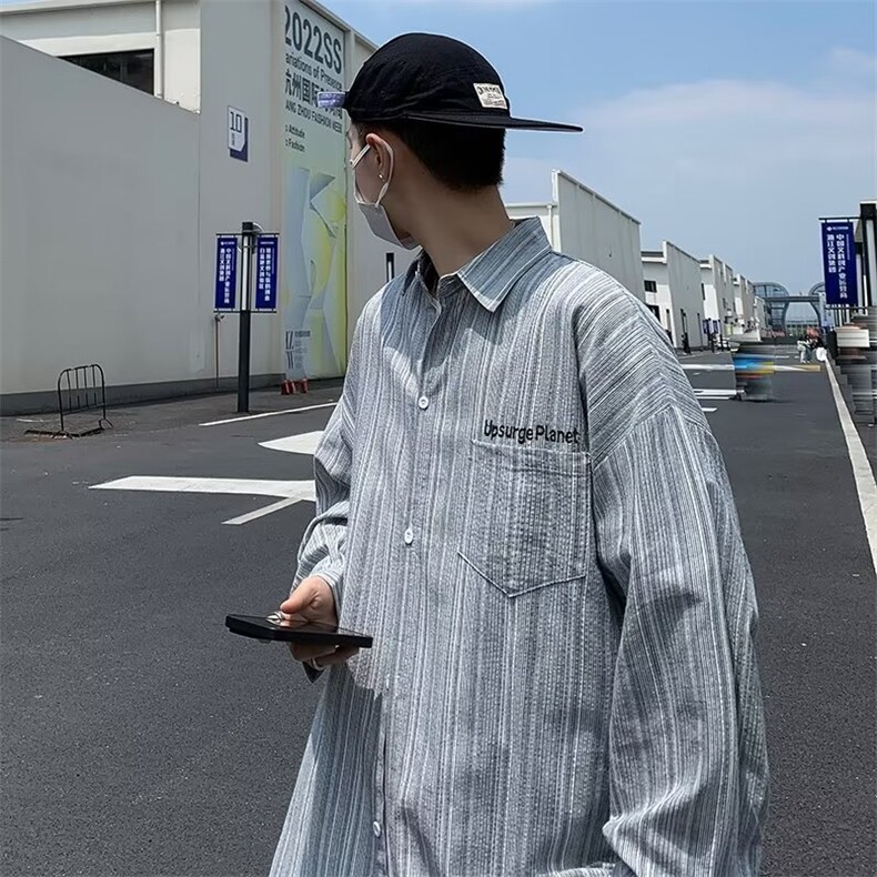 简约潮夏季文艺标准青春流行潮流慵懒翻领男时尚长袖日系衬衫,男装衬衫,星座716-3