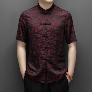 中山装男士短袖衬衫夏季中老年唐装衬衣爸爸装结婚礼服套装P108图片
