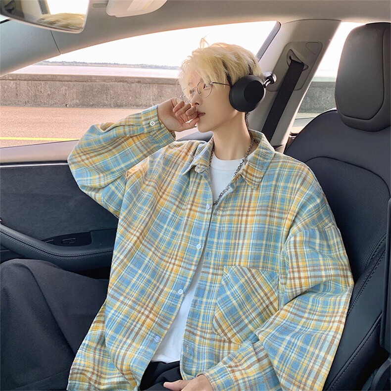 衬衫男秋季新款港风宽松磨毛格子长袖衬衣CS601-特P27无差价，男装衬衫，星座214-3