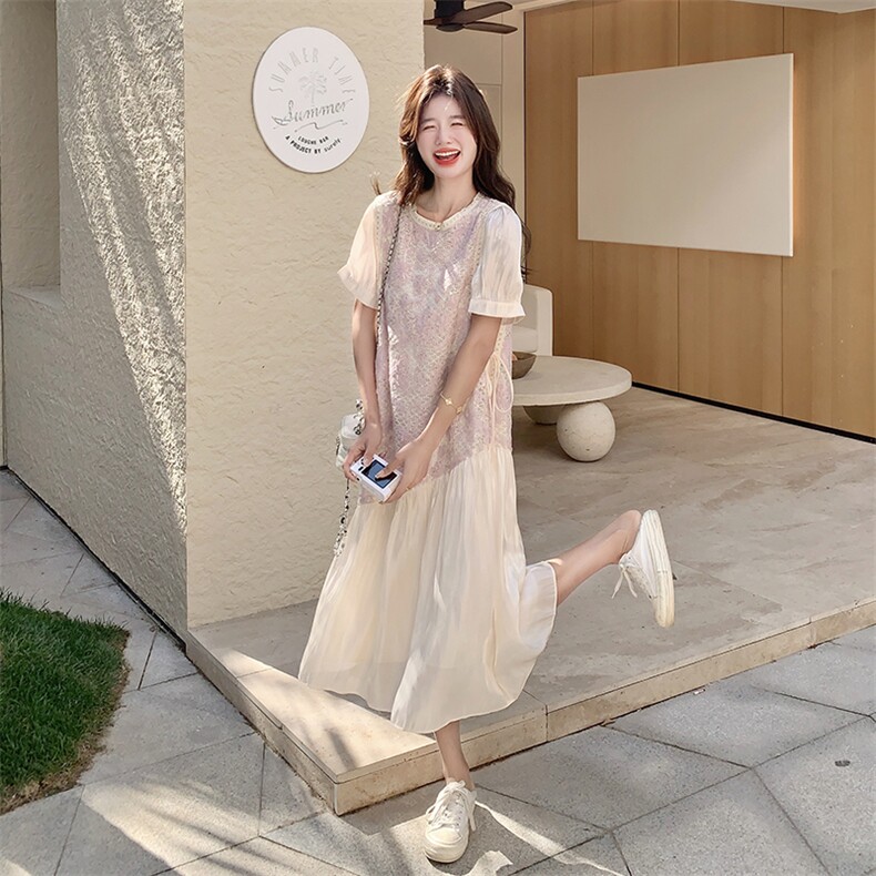 法式泡泡袖紫色刺绣拼接连衣裙女夏季大方得体巨好看独特漂亮长裙图片
