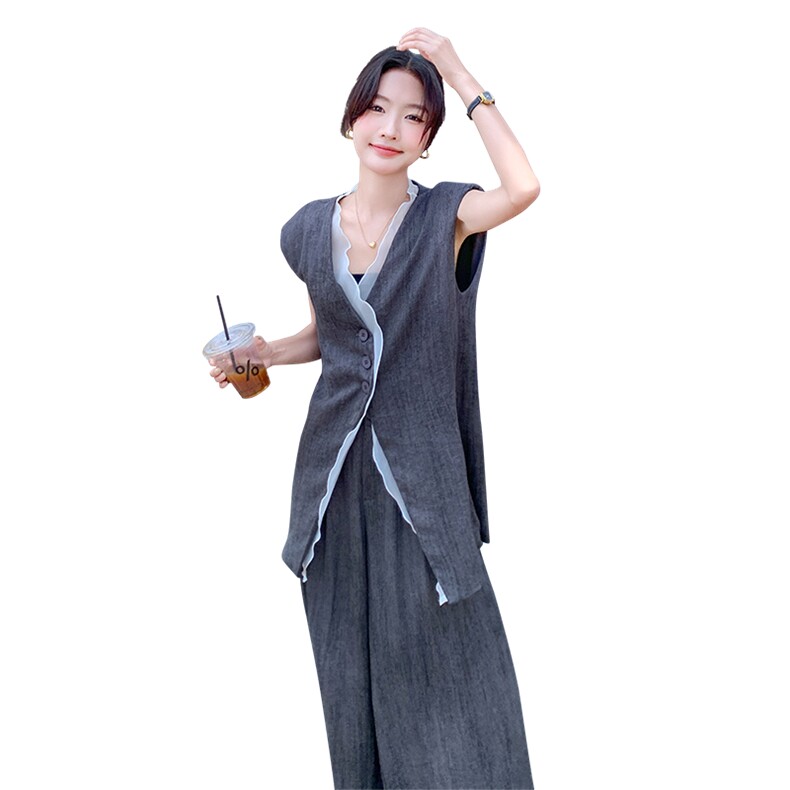 【新品现货】荷叶边无袖马甲阔腿裤扎染棉麻套装F555-P165-K228,女装套装/套裙,2C255
